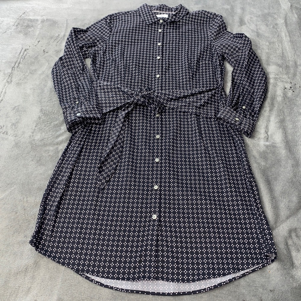 UNTUCKit Shirt Dress Womens 12 Navy Mikael Polka Dot Tie Waist Button Up 40507
